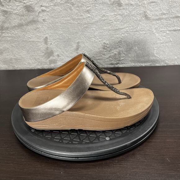 Fitflop Womens Size 6 Fino Toe-Post Flip Flops Bronze Glitter Studded Sandals - Picture 1 of 10